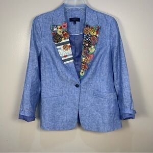 Talbots 100% Linen Embellished Appliqué Detail Lapels Stones Beading Roses